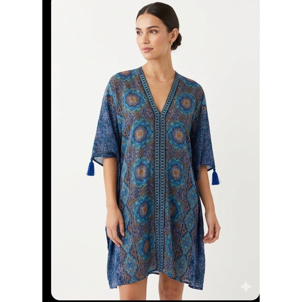 MiracleSuit Blue Multi Caftan Cover Up Tunic Dress Tassels one size